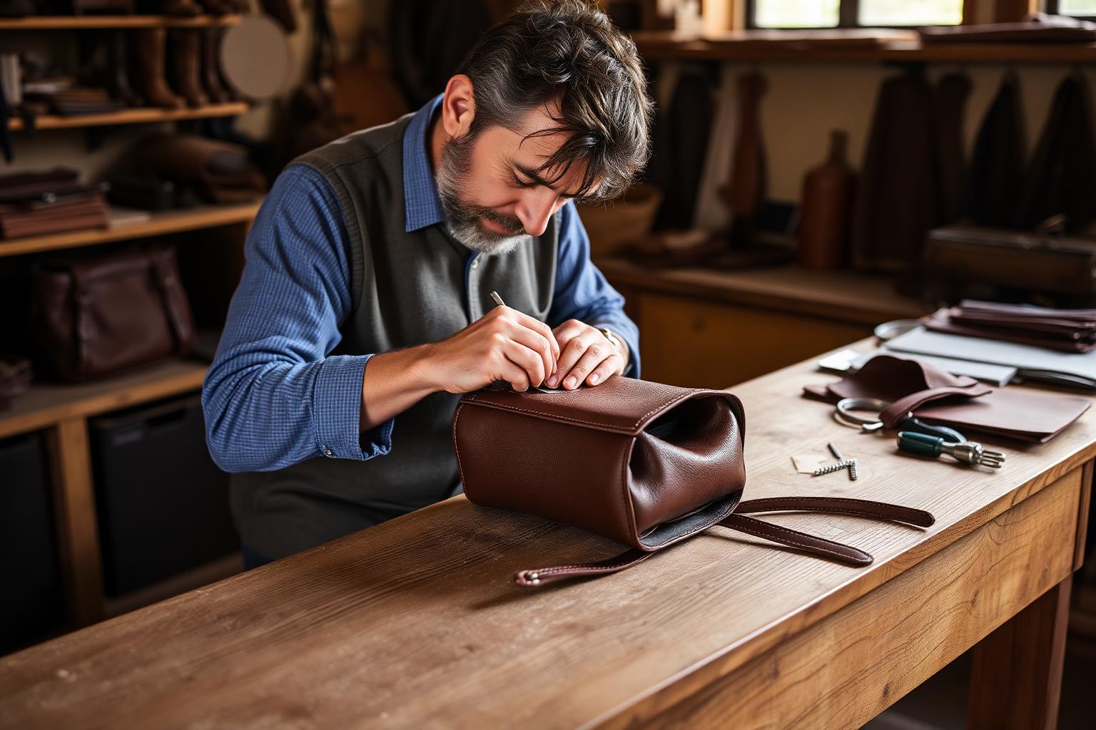 Artisan hand-finishing a leather bag in a Tuscan workshop