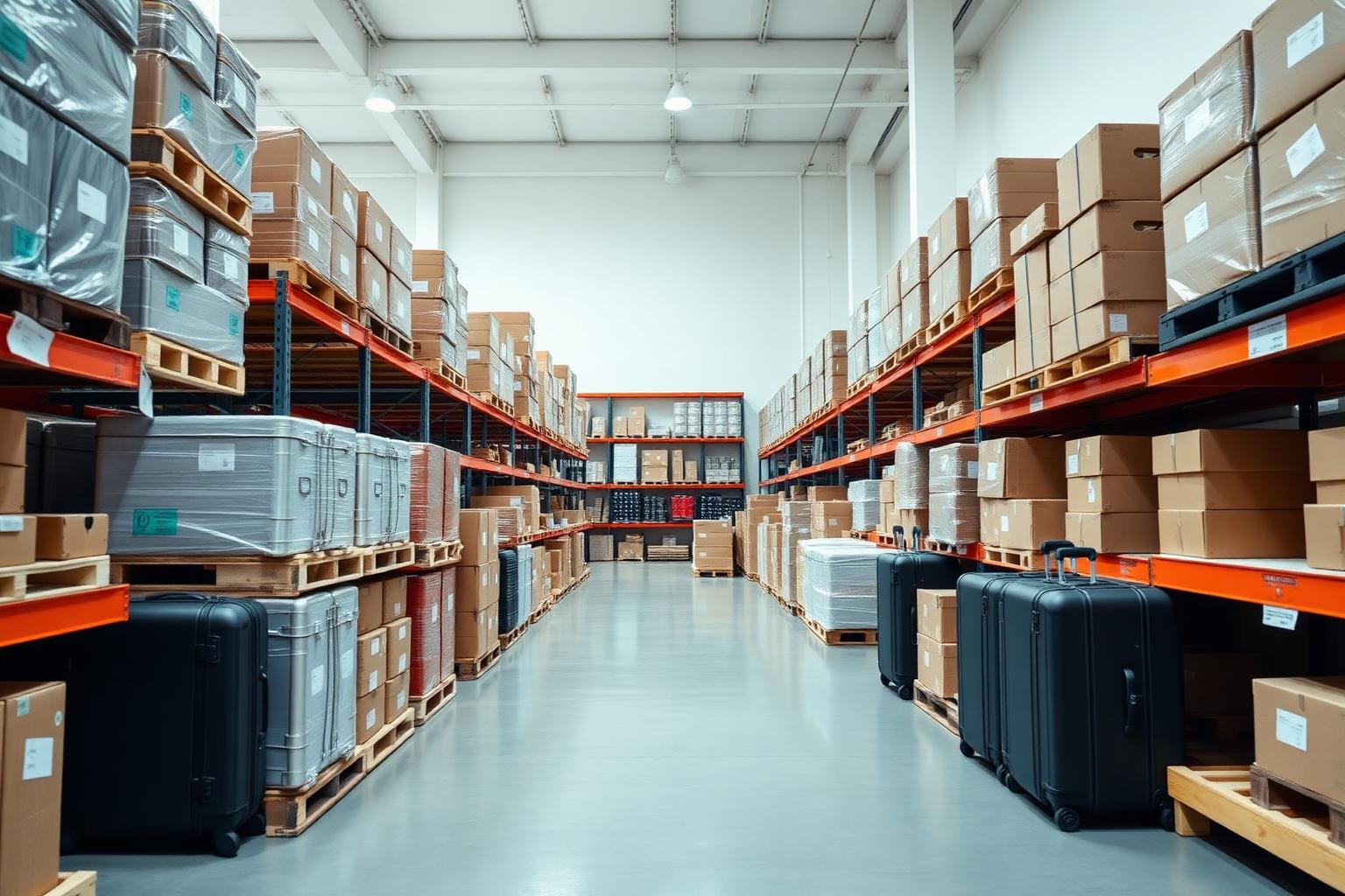 Wholesale warehouse with palletised export cartons and luggage